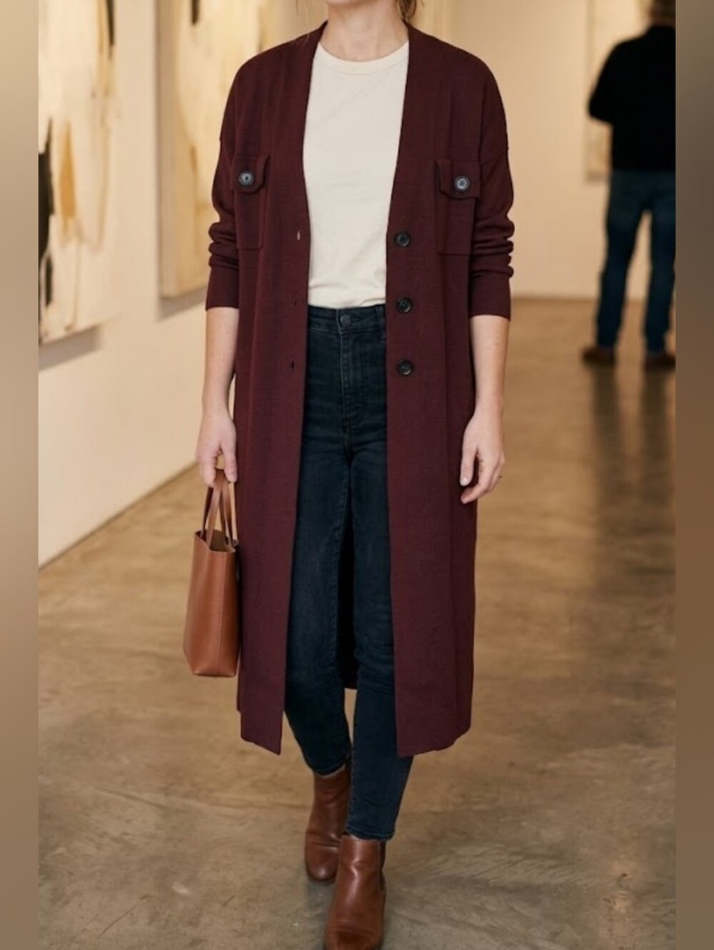 ZARA Brand.. Long Open Front Cardigan Coatigan in Rust Chocolate.